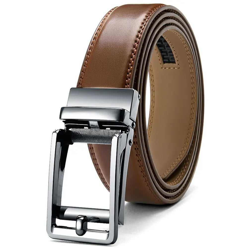 Ceinture Cuir Marron Boucle Automatique Argentée Homme