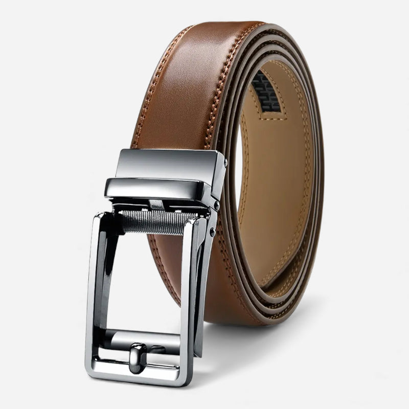 Ceinture Cuir Marron Boucle Automatique Argentée Homme