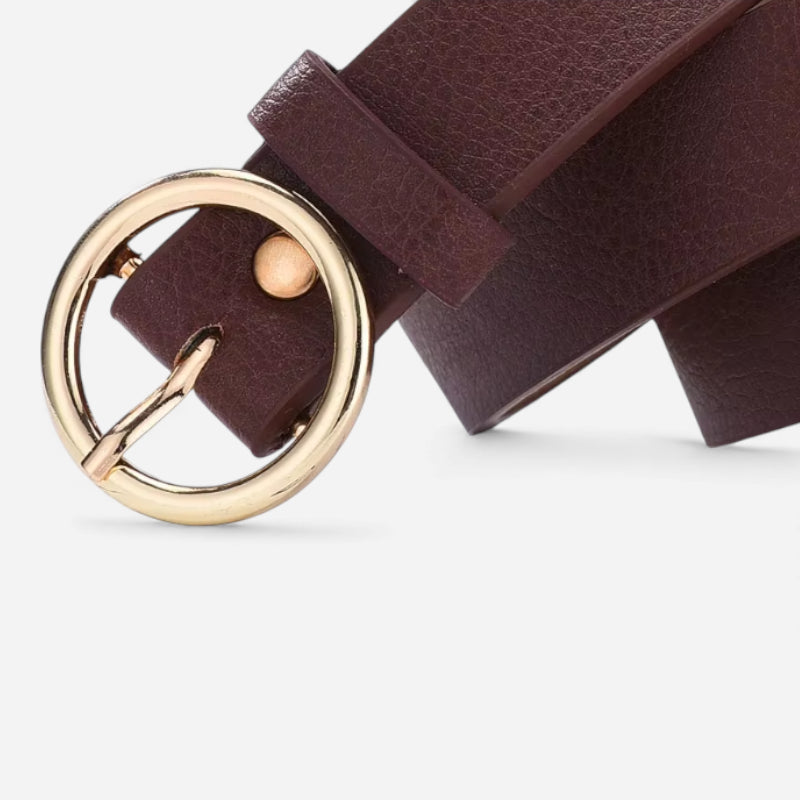 Ceinture Cuir Marron Foncé Boucle Simple Ronde Dorée Femme