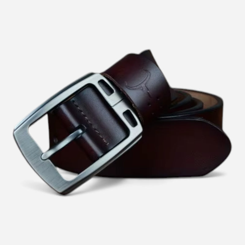 Ceinture Cuir Marron Foncé Boucle Grise Luxe