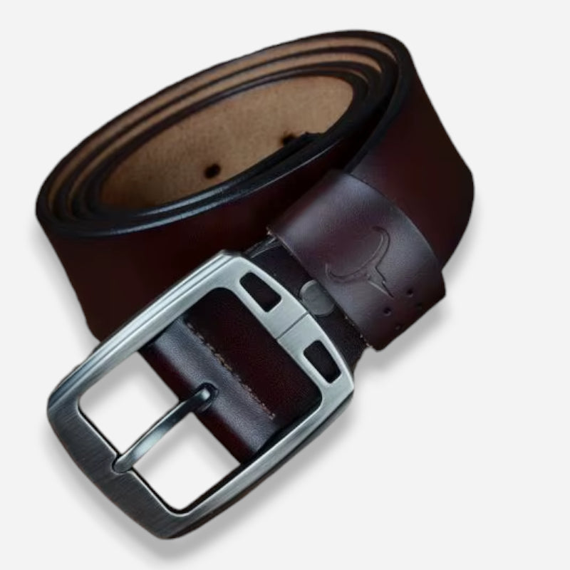 Ceinture Cuir Marron Foncé Boucle Grise Luxe Pour Homme