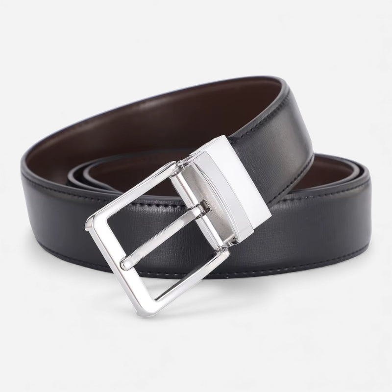 Ceinture Cuir Noir & Marron Boucle Argentée Homme - Réversible 2 en 1