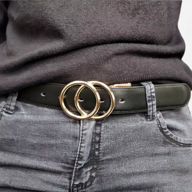 Ceinture Réversible En Cuir Premium Marine et Noir Anneaux Dorés Femme - Réversible 2 en 1