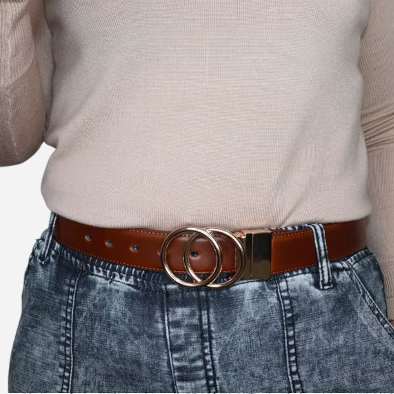 Ceinture Réversible En Cuir Premium Marron et Marron Foncé Vintage Anneaux Dorés Femme - Réversible 2 en 1