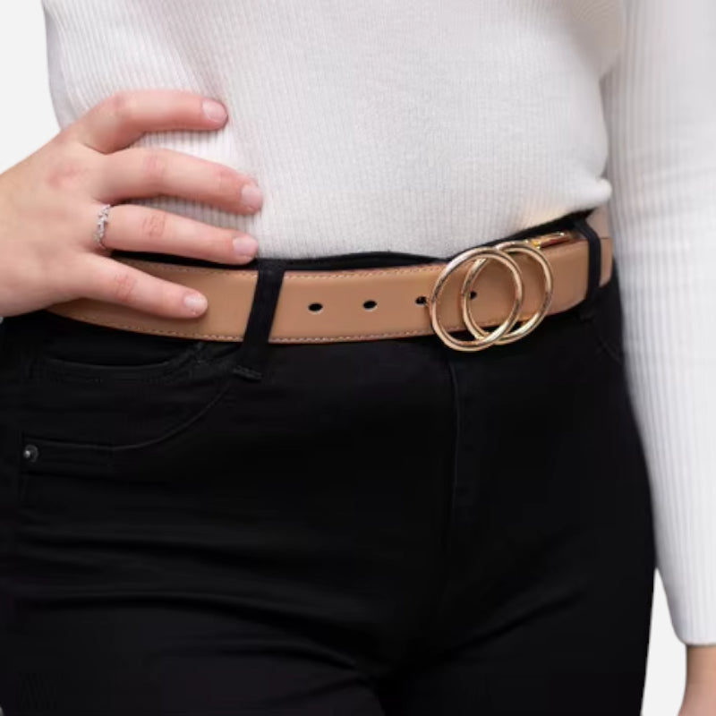 Ceinture Réversible En Cuir Premium Marron et Beige Anneaux Dorés Femme - Réversible 2 en 1