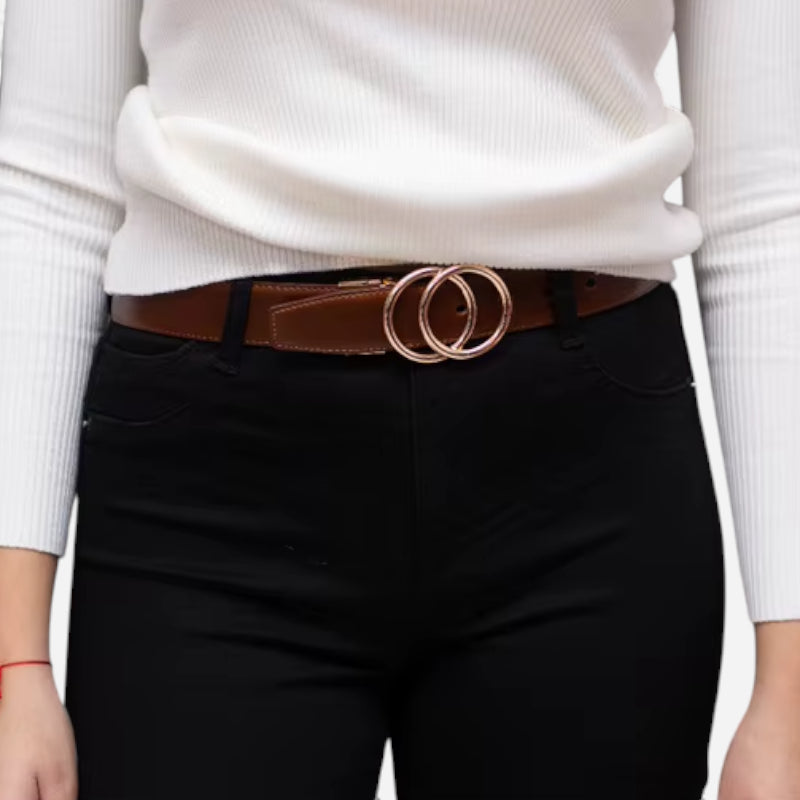 Ceinture Réversible En Cuir Premium Marron Vintage et Noir Anneaux Dorés Femme - Réversible 2 en 1