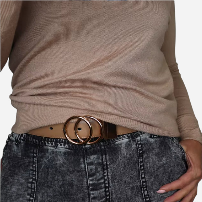 Ceinture Réversible En Cuir Premium Marron et Beige Anneaux Dorés Femme - Réversible 2 en 1