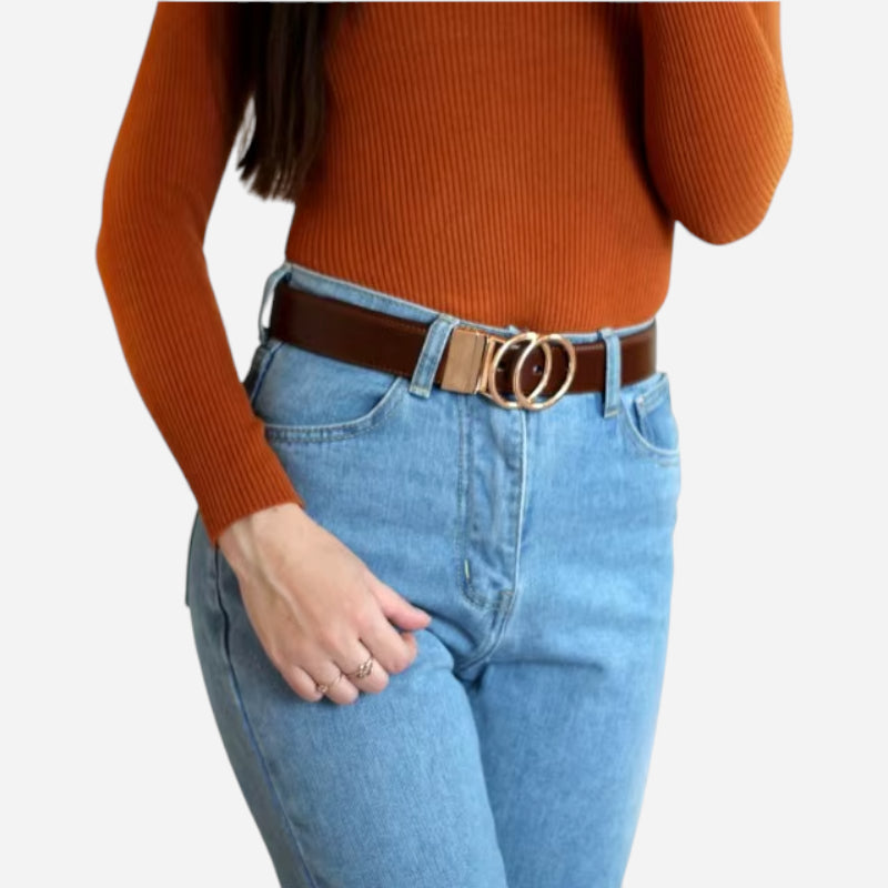 Ceinture Réversible En Cuir Premium Marron et Beige Anneaux Dorés Femme - Réversible 2 en 1