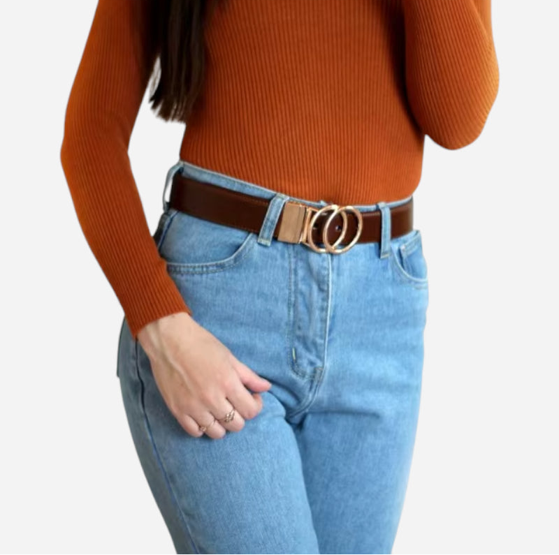 Ceinture Réversible En Cuir Premium Marron Vintage et Noir Anneaux Dorés Femme - Réversible 2 en 1