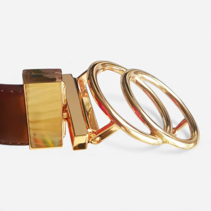 Ceinture Réversible En Cuir Premium Marron et Marron Foncé Vintage Anneaux Dorés Femme - Réversible 2 en 1