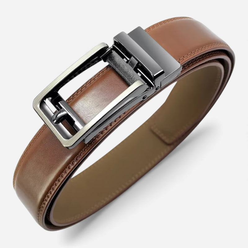 Ceinture Cuir Marron Boucle Automatique Argentée Homme