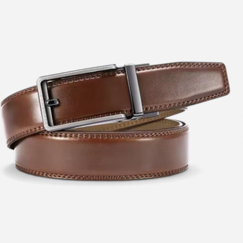 Ceinture Cuir Marron Boucle Automatique Argentée Homme
