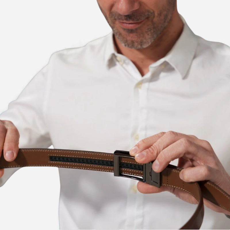 Ceinture Cuir Marron Boucle Automatique Argentée Homme