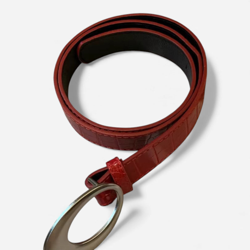 Ceinture Cuir Crocodile Véritable Rouge Bordeaux Boucle Argentée Vintage Y2K Femme - 105 cm