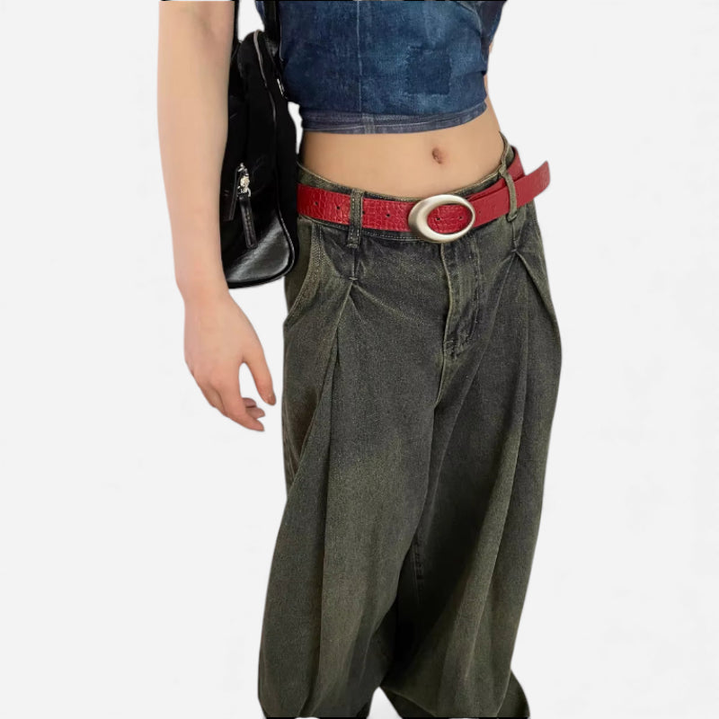 Ceinture Cuir Crocodile Véritable Rouge Bordeaux Boucle Argentée Vintage Y2K Femme - 105 cm