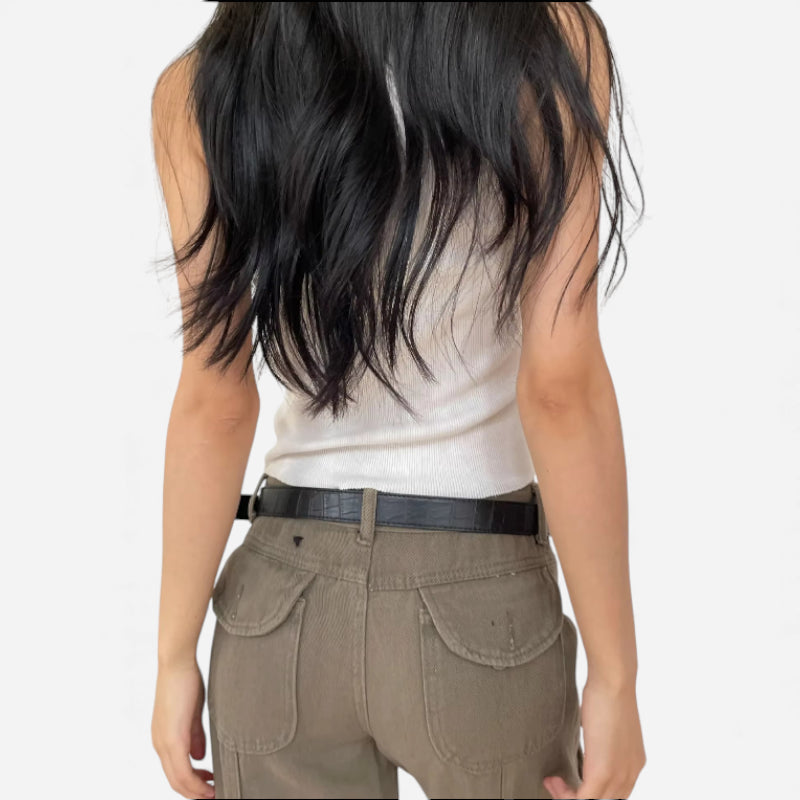 Ceinture Cuir Crocodile Véritable Noir Boucle Argentée Vintage Y2K Femme - 105 cm