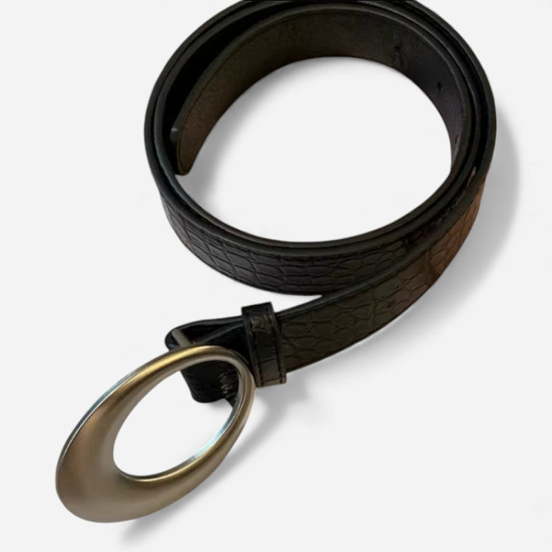 Ceinture Cuir Crocodile Véritable Noir Boucle Argentée Vintage Y2K Femme - 105 cm