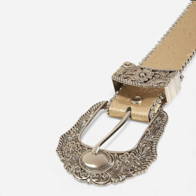 Ceinture Cuir Véritable Beige Boucle Argentée Western Vintage
