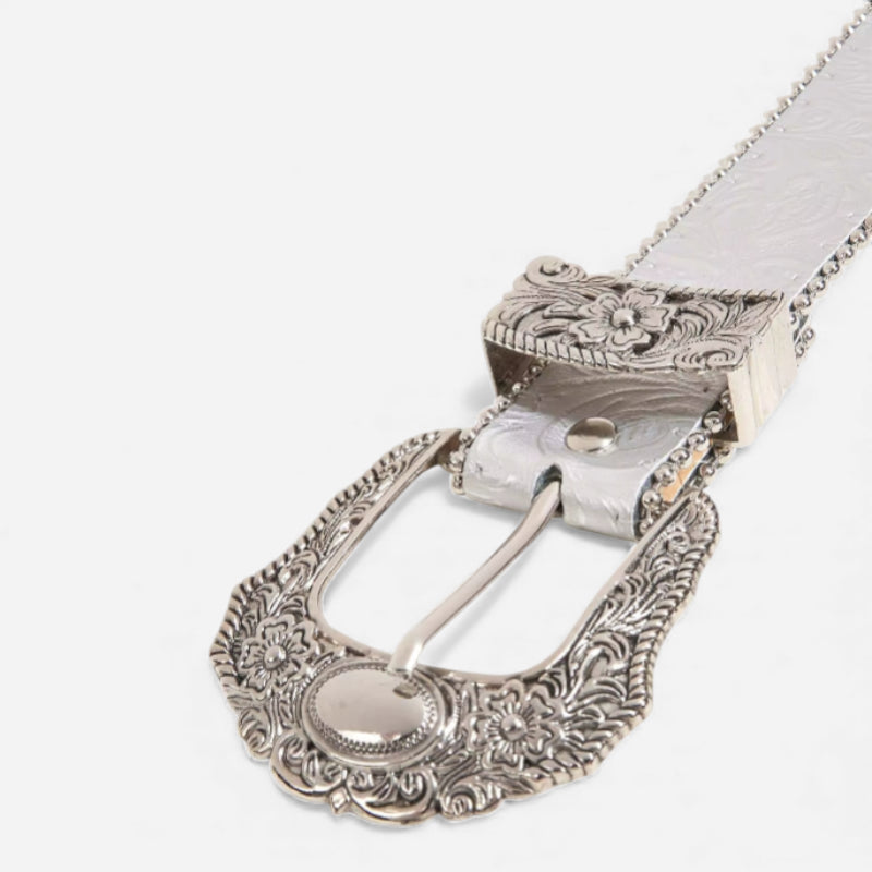 Ceinture Cuir Véritable Gris Boucle Argentée Cowboy Western Femme et Homme