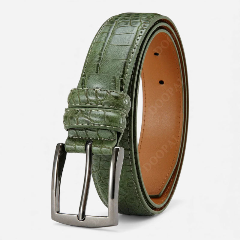 Ceinture Cuir Crocodile Véritable Vert Boucle Argentée Homme et Femme