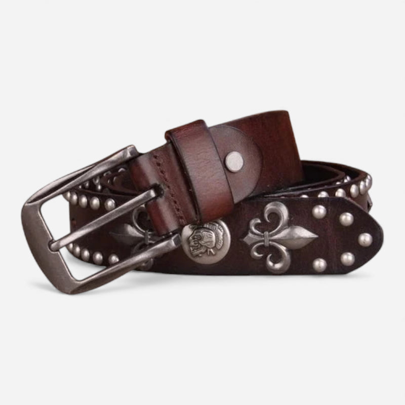 Ceinture Cuir Véritable Marron Cloutée Western Vintage