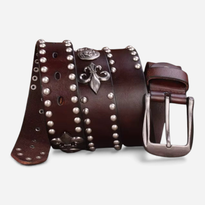 Ceinture Cuir Véritable Marron Cloutée Western Vintage