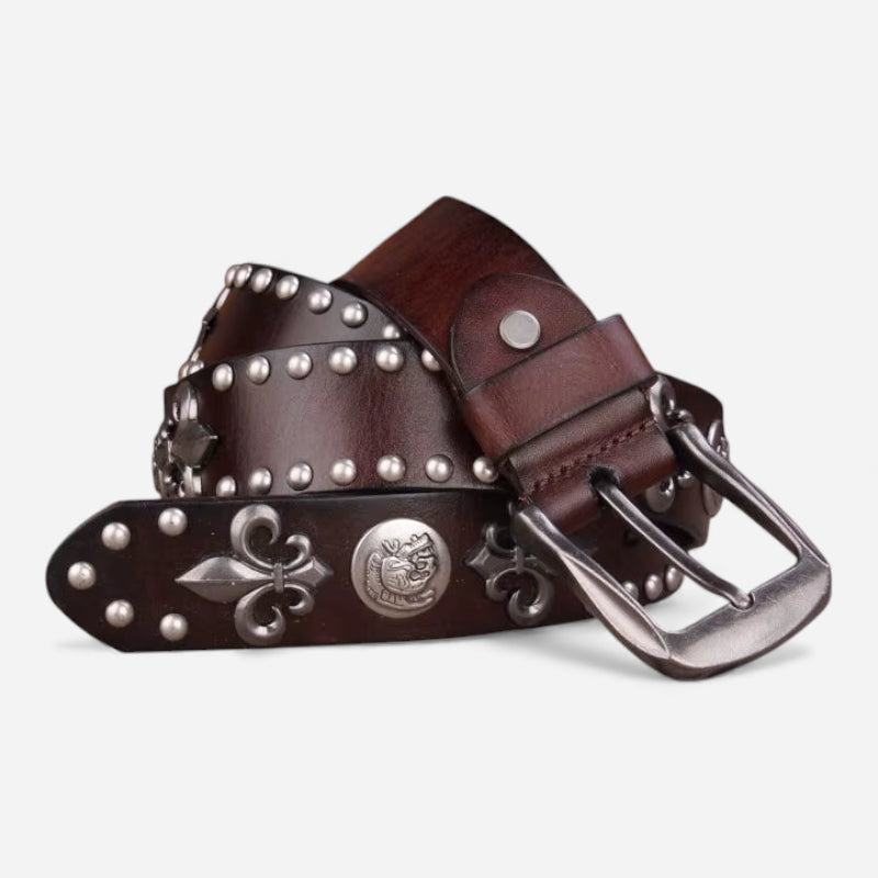 Ceinture Cuir Véritable Marron Cloutée Western Vintage