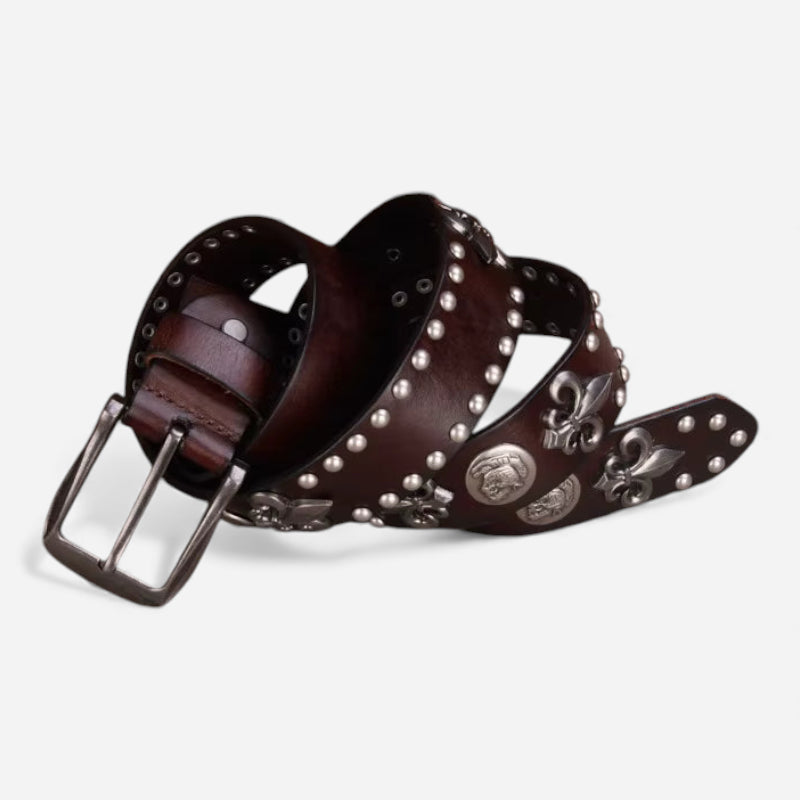 Ceinture Cuir Véritable Marron Cloutée Western Vintage