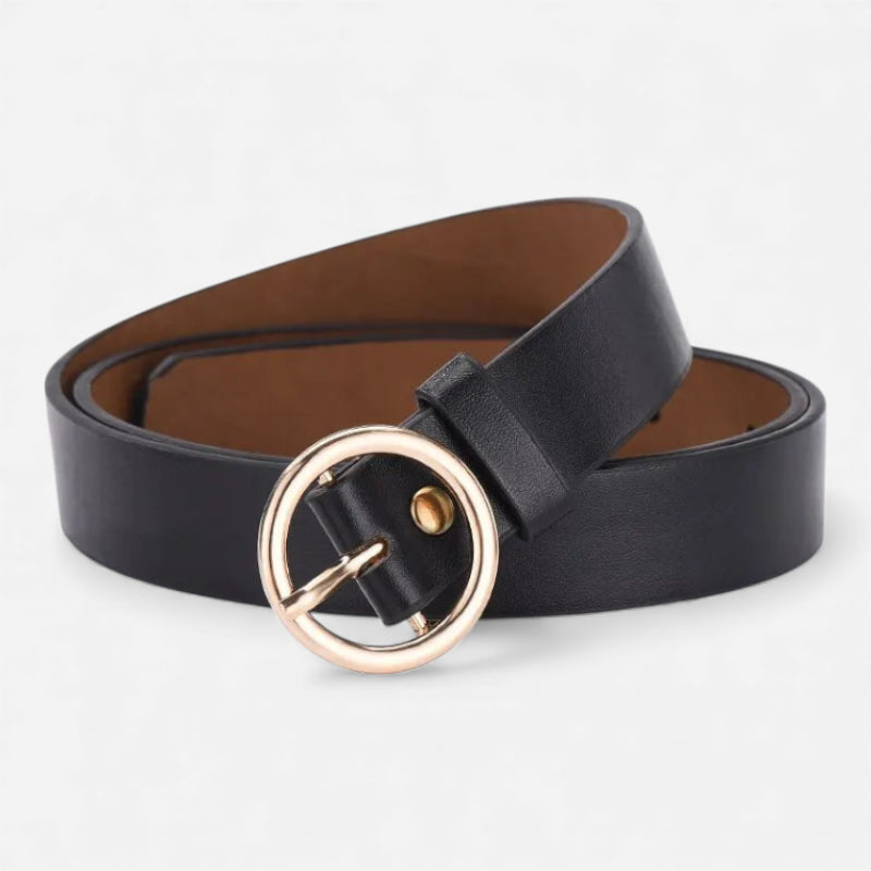 Ceinture Cuir Noir Boucle Simple Ronde Dorée Femme