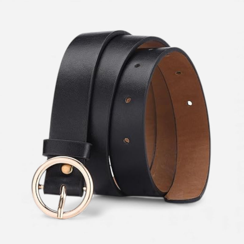 Ceinture Cuir Noir Boucle Simple Ronde Dorée Femme