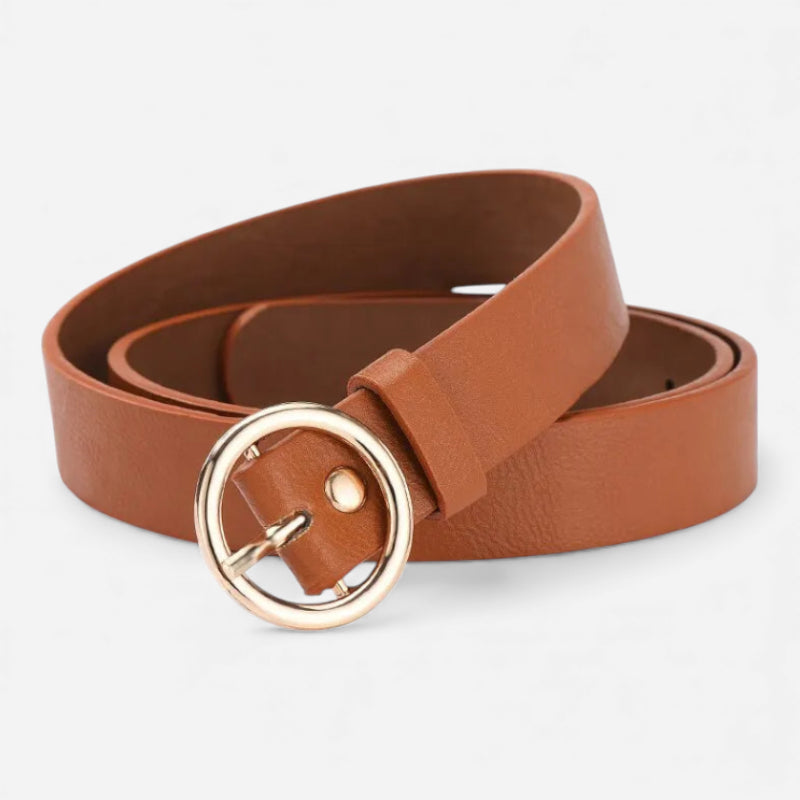 Ceinture Cuir Camel Boucle Simple Ronde Dorée Femme
