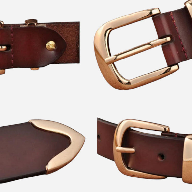 Ceinture Cuir Marron Foncé Boucle Dorée Femme