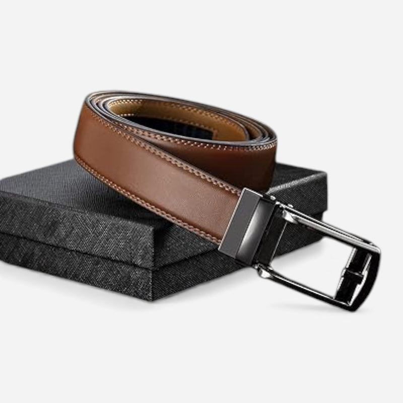 Ceinture Cuir Marron Boucle Automatique Argentée Homme