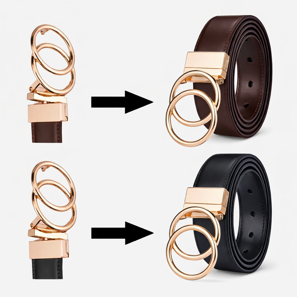 Ceinture Réversible En Cuir Premium Marron Foncé et Noir Anneaux Dorés Femme - Réversible 2 en 1