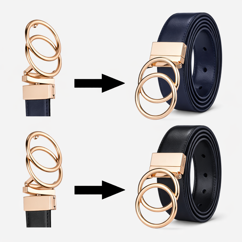 Ceinture Réversible En Cuir Premium Marine et Noir Anneaux Dorés Femme - Réversible 2 en 1