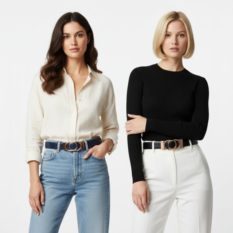 Ceinture Réversible En Cuir Premium Marine et Noir Anneaux Dorés Femme - Réversible 2 en 1