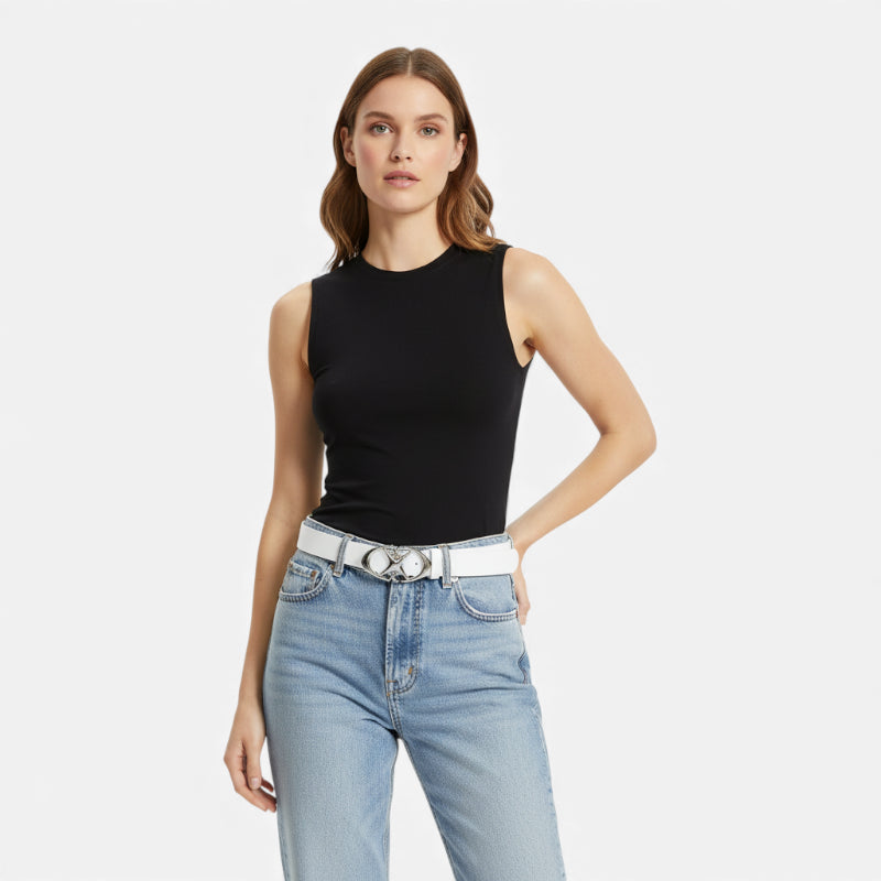Ceinture Cuir Blanc Y2k Boucle Argentée Pour Femme