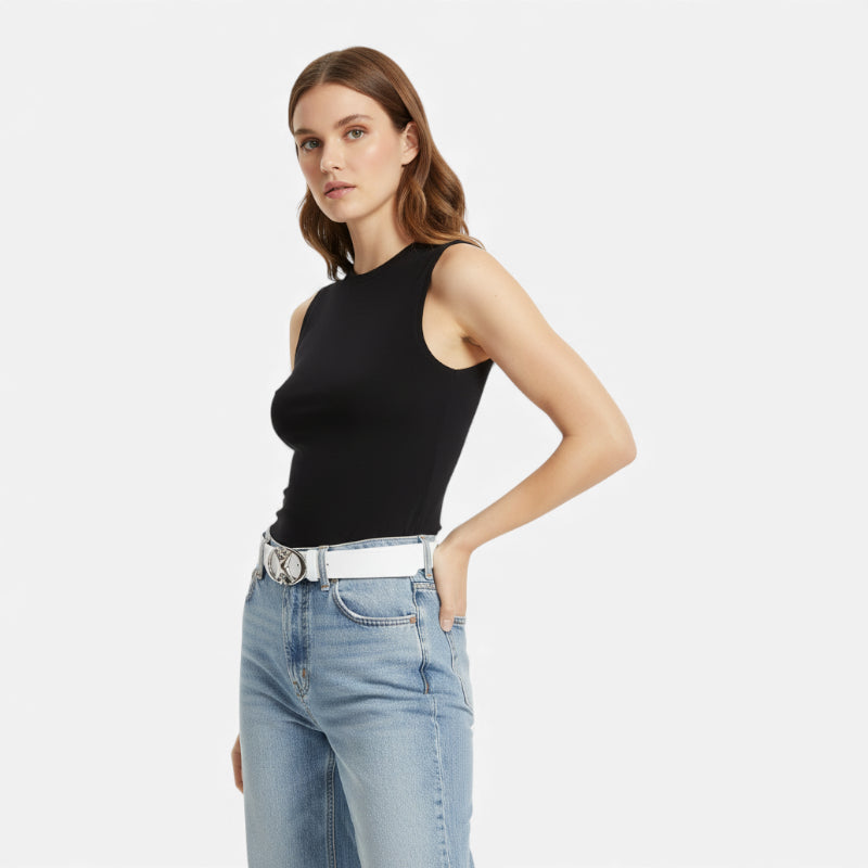 Ceinture Cuir Blanc Y2k Boucle Argentée Pour Femme