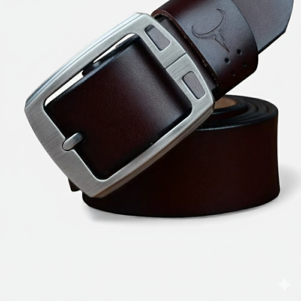 Ceinture Cuir Marron Foncé Boucle Grise Luxe Pour Homme