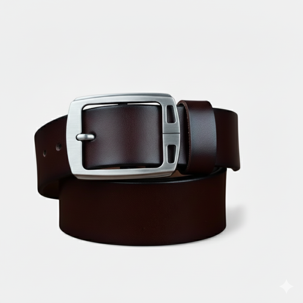 Ceinture Cuir Marron Foncé Boucle Grise Luxe Pour Homme
