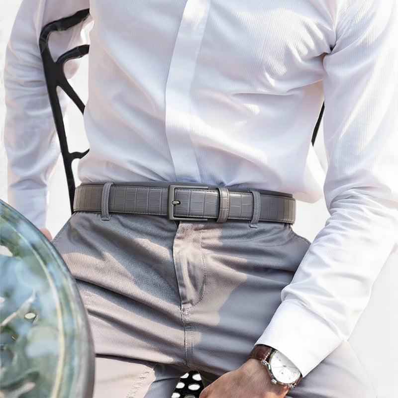 Ceinture Cuir Crocodile Véritable Gris Boucle Argentée Homme et Femme