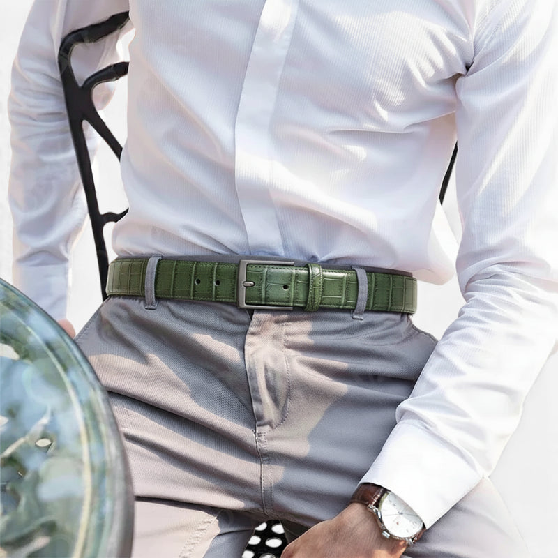 Ceinture Cuir Crocodile Véritable Vert Boucle Argentée Homme et Femme