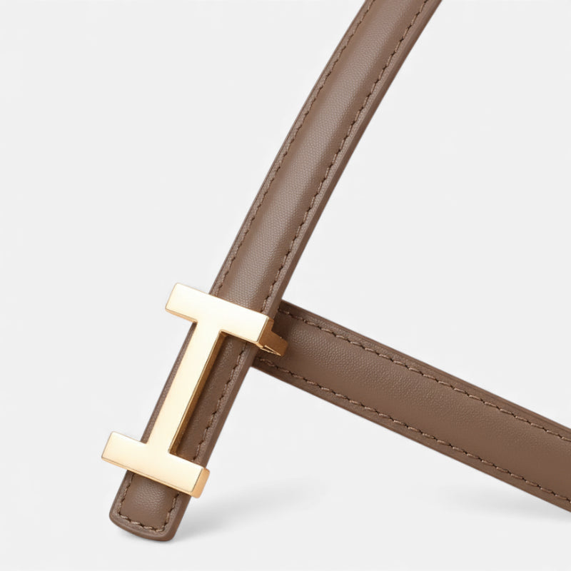 Ceinture Boucle H Dorée Fine Cuir Marron Taupe Pour Femme