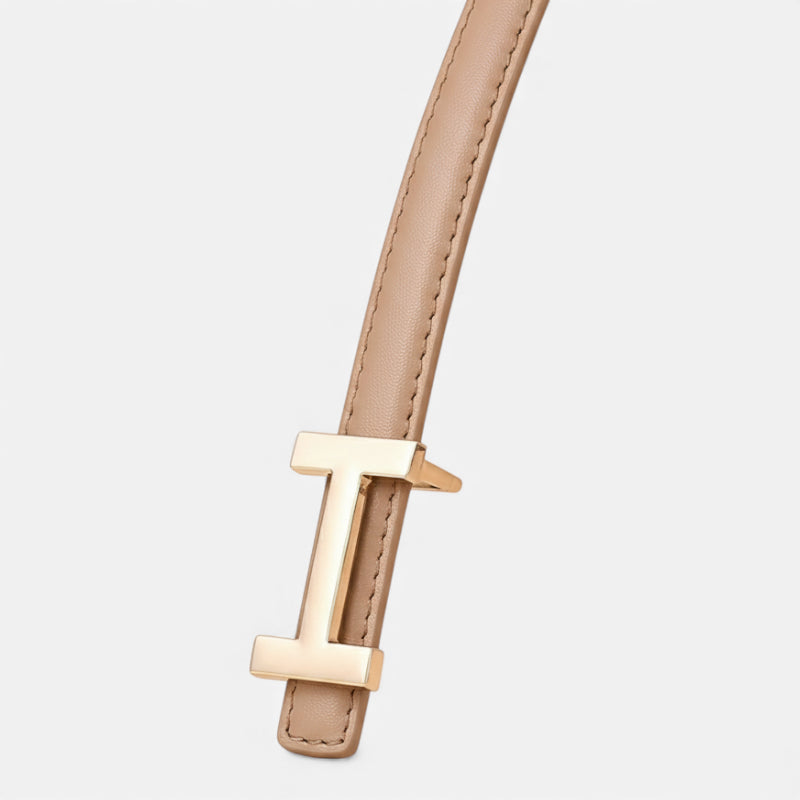 Ceinture Boucle H Dorée Fine Cuir Beige Pour Femme