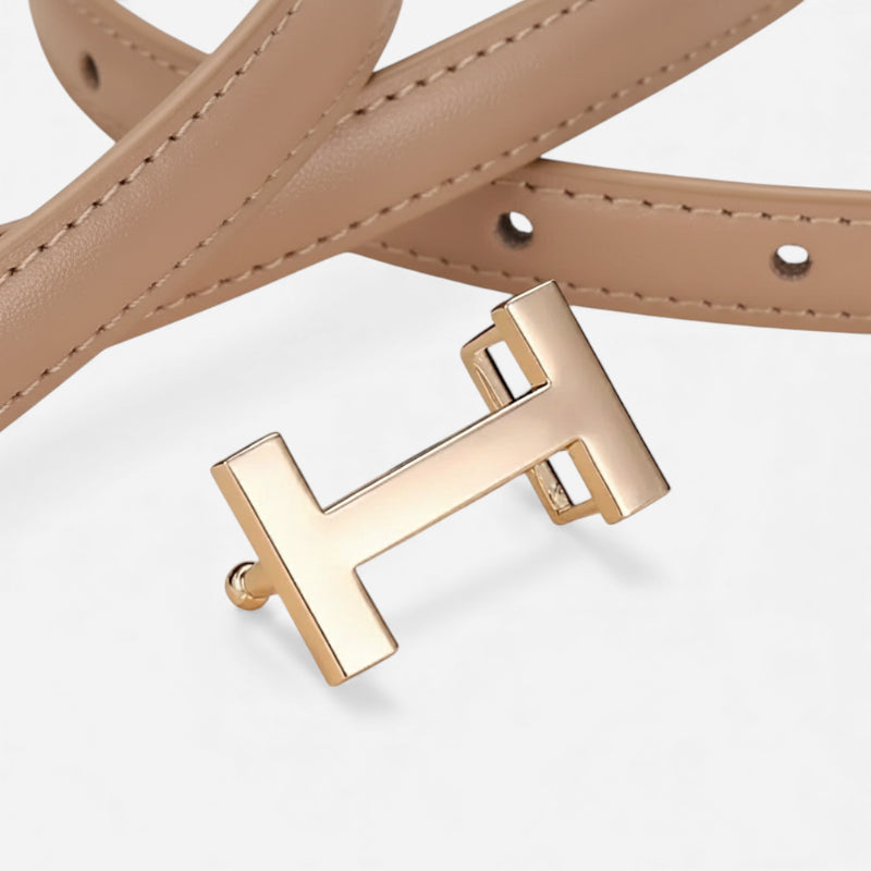 Ceinture Boucle H Dorée Fine Cuir Beige Pour Femme