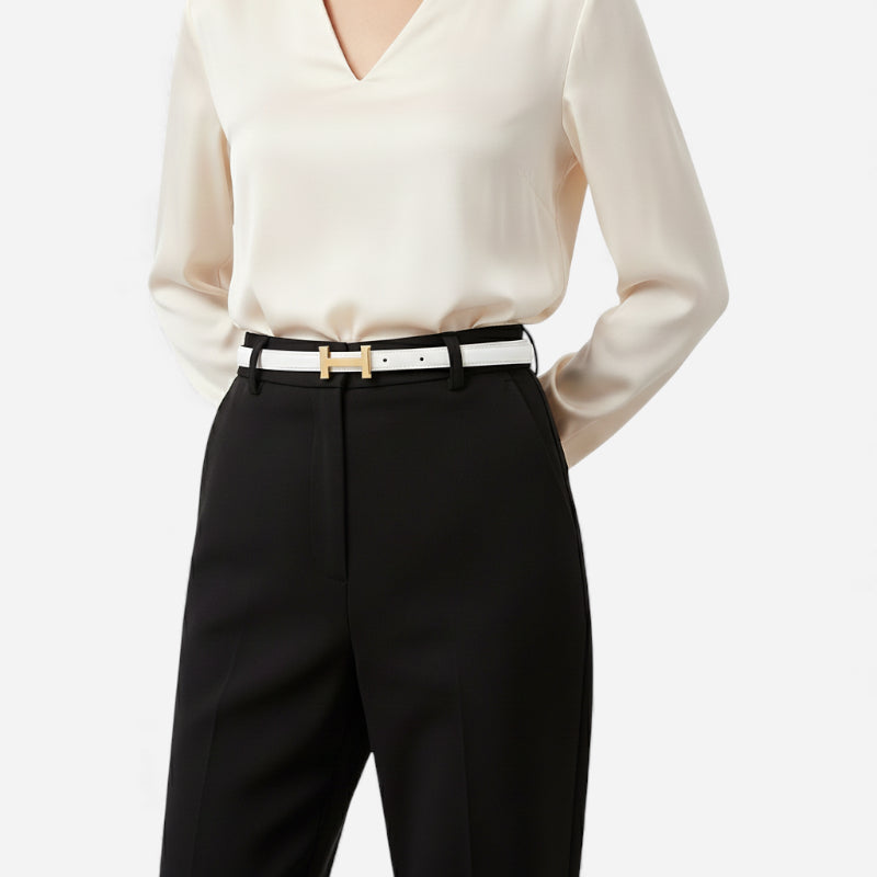 Ceinture Boucle H Dorée Fine Cuir Blanc Pour Femme