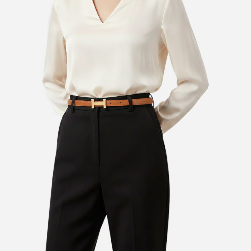 Ceinture Boucle H Dorée Fine Cuir Marron Pour Femme