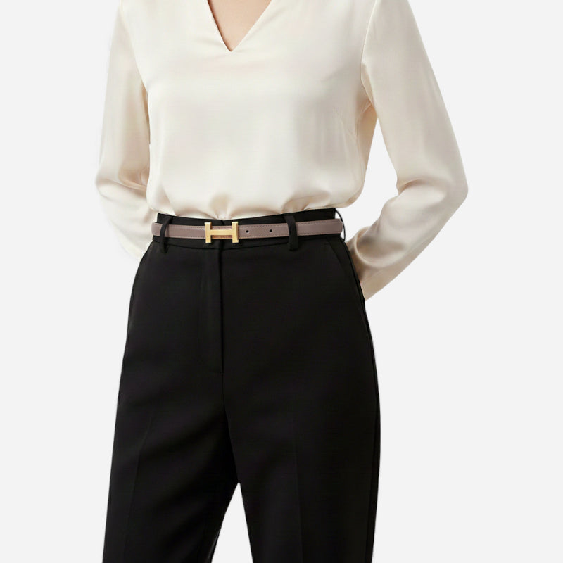 Ceinture Boucle H Dorée Fine Cuir Marron Taupe Pour Femme