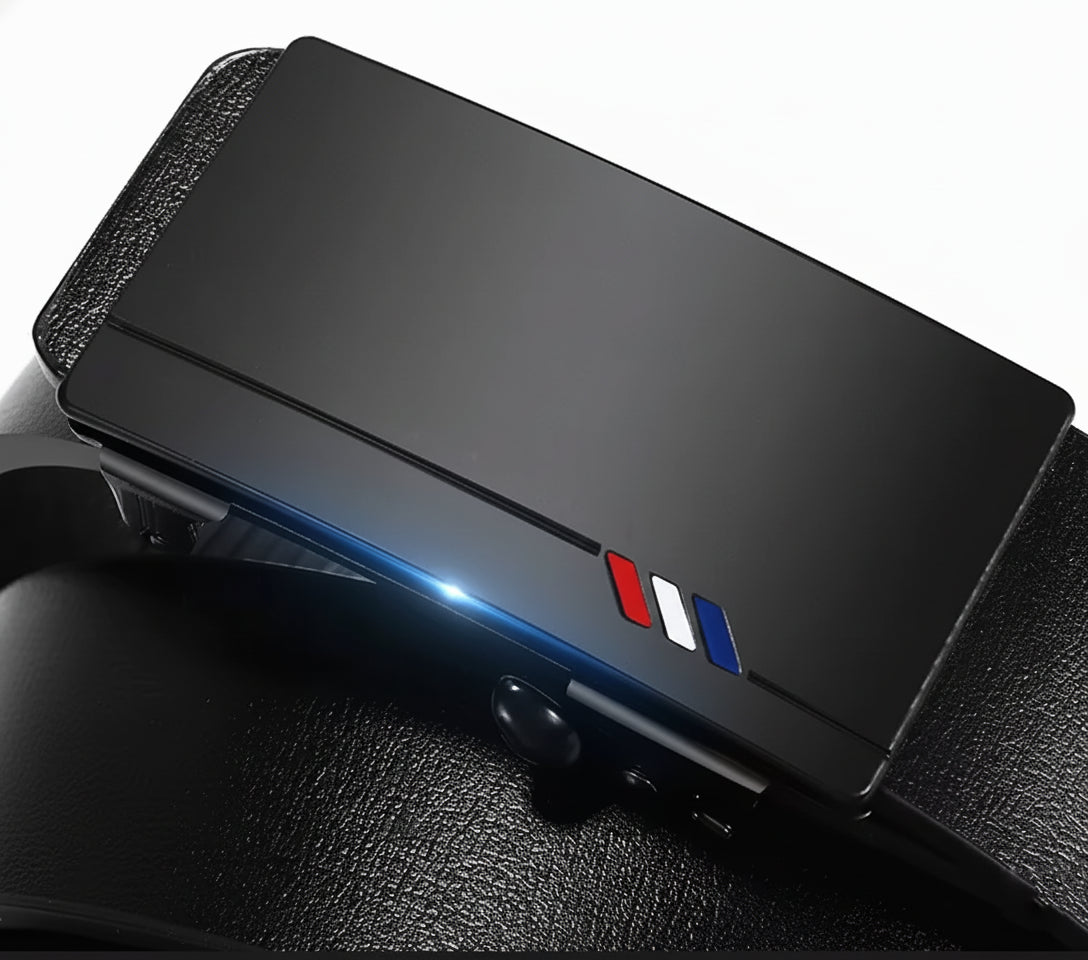 Ceinture Cuir Véritable Noir Costume Boucle Bleu Blanc Rouge