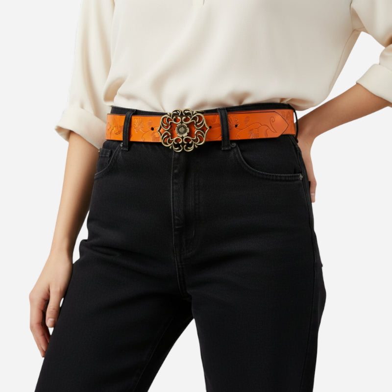 Ceinture Cuir Camel Boucle Doré Pour Femme